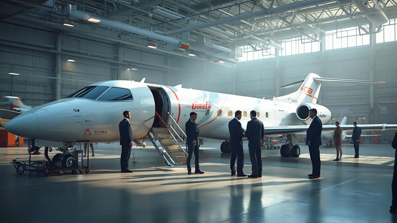 Un groupe d'hommes d'affaires devant un avion privé dans un hangar aéroportuaire