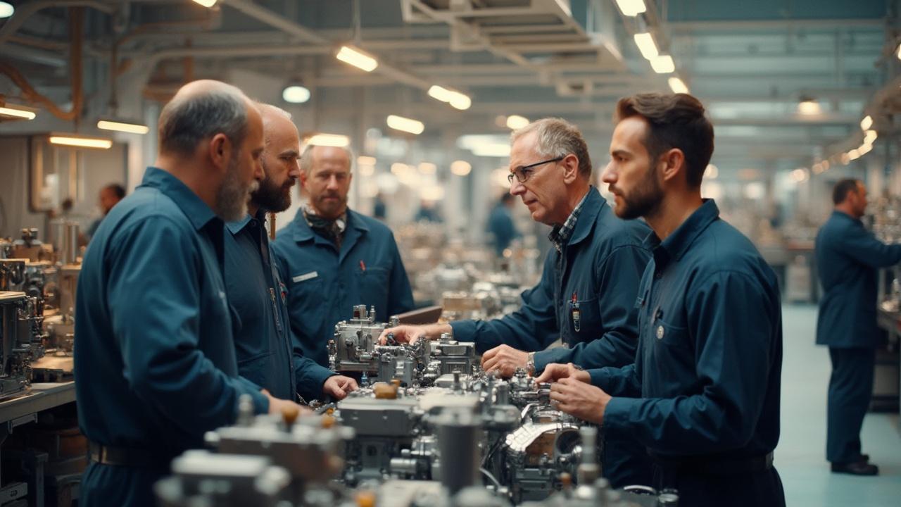 Groupe d'hommes en bleu de travail réparant des machines dans un atelier